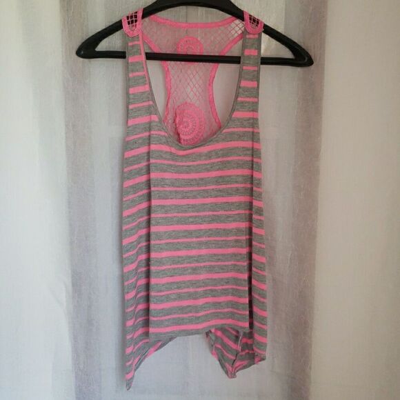 Y2k Tank Top Almost Famous Size XL Hot Pink Gray Lace Striped 90's *Flaw - Picture 1 of 11